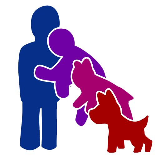 A drawing of a series of figures, transitioning from blue, to purple, to pink, to red, where the blue figure is a human silhouette, the purple and then pink are more dog-like, and the red figure is a small dog.